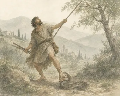 Illustration for Aesop’s fable “The Fowler and the Asp”