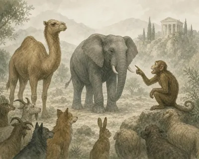 Illustration for Aesop’s fable “The Camel, the Elephant, and the Monkey”