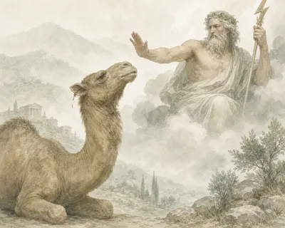 Illustration for Aesop’s fable “The Camel and Zeus”