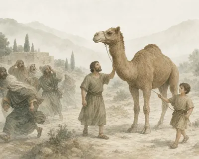 Illustration for Aesop’s fable “The Camel Seen for the First Time”