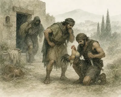 Illustration for Aesop’s fable “The Thieves and the Cock”