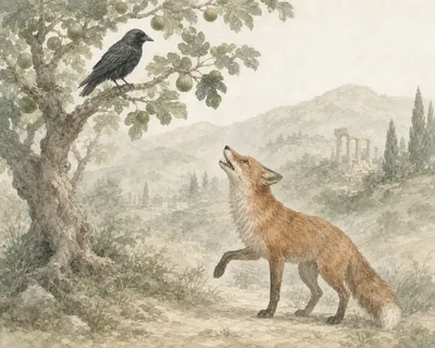 Illustration for Aesop’s fable “The Jackdaw and the Fox”