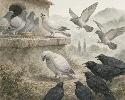 Illustration for Aesop’s fable “The Jackdaw and the Pigeons”