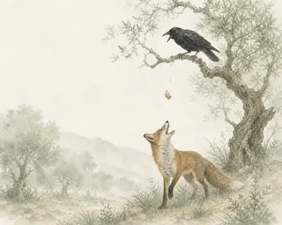 A black crow on an olive branch drops a piece of cheese; below, a fox waits with its muzzle raised