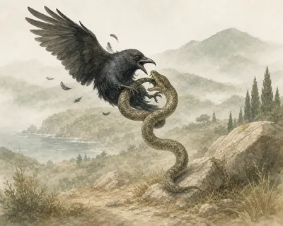 Illustration for Aesop’s fable “The Crow and the Serpent”