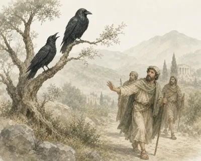 Illustration for Aesop’s fable “The Crow and the Raven”
