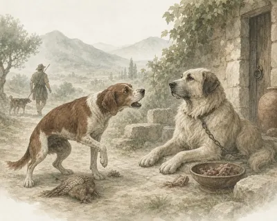Illustration for Aesop’s fable “The Two Dogs”