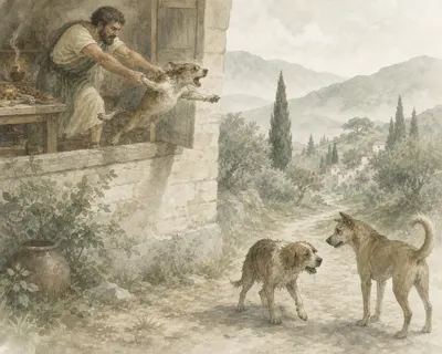 Illustration for Aesop’s fable “The Invited Dog”