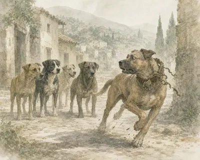 Illustration for Aesop’s fable “The Fighting Dog and the Dogs”