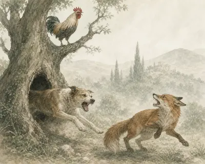 Illustration for Aesop’s fable “The Dog, the Cock, and the Fox”