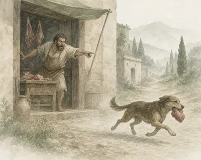 Illustration for Aesop’s fable “The Dog and the Butcher”