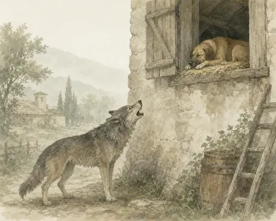 Illustration for Aesop’s fable “The Sleeping Dog and the Wolf”