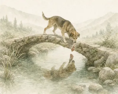 A dog with a piece of meat in its mouth leans from a small stone bridge towards its own reflection in the water