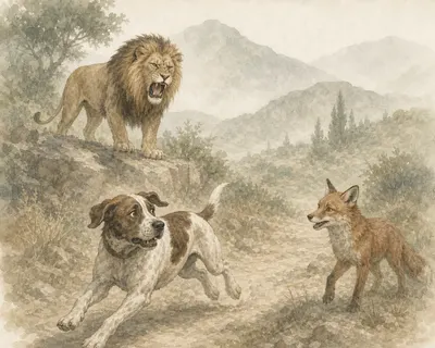 Illustration for Aesop’s fable “The Dog That Chased a Lion and the Fox”