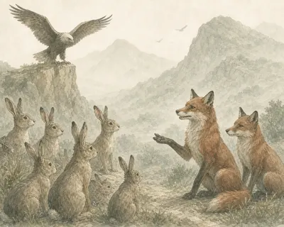 Illustration for Aesop’s fable “The Hares and the Foxes”