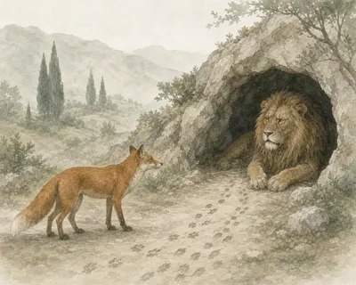 Illustration for Aesop’s fable “The Aged Lion and the Fox”