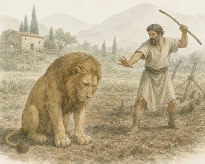 Illustration for Aesop’s fable “The Lion in Love and the Ploughman”