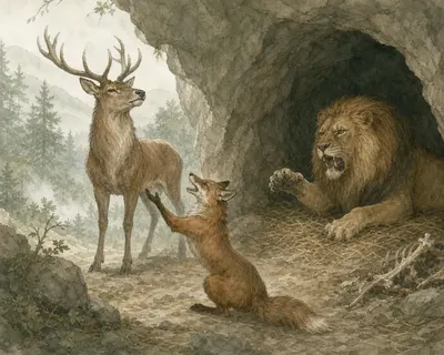 Illustration for Aesop’s fable “The Lion, the Fox, and the Stag”