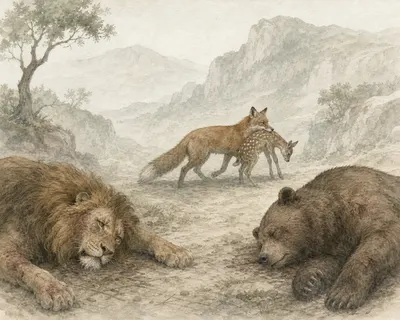 Illustration for Aesop’s fable “The Lion, the Bear, and the Fox”