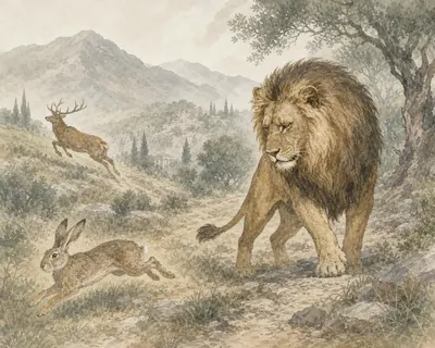 Illustration for Aesop’s fable “The Lion and the Hare”