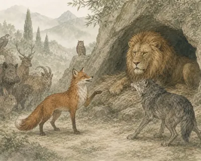 Illustration for Aesop’s fable “The Lion, the Wolf, and the Fox”