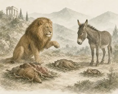 Illustration for Aesop’s fable “The Lion and the Wild Ass”