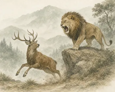 Illustration for Aesop’s fable “The Enraged Lion and the Stag”
