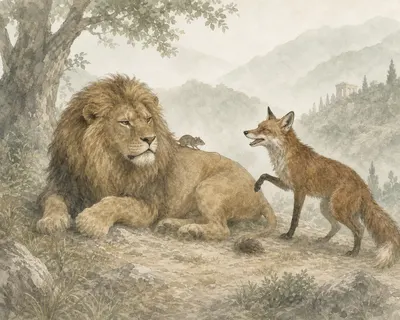 Illustration for Aesop’s fable “The Lion Afraid of a Mouse and the Fox”
