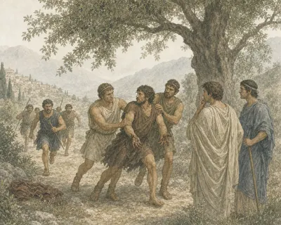 Illustration for Aesop’s fable “The Brigand and the Mulberry Tree”