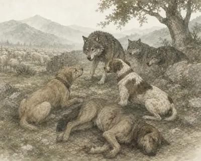Illustration for Aesop’s fable “The Dogs Reconciled with the Wolves”
