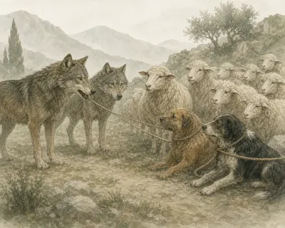 Illustration for Aesop’s fable “The Wolves and the Sheep”