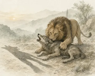 Illustration for Aesop’s fable “The Wolf Proud of His Shadow and the Lion”