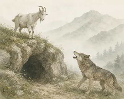 Illustration for Aesop’s fable “The Wolf and the Goat”