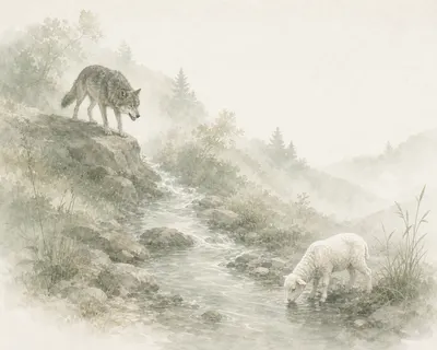 A wolf looks down from a rocky bank at a lamb drinking further downstream, in the same mist-wrapped brook