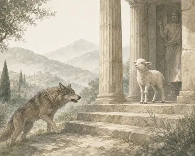 Illustration for Aesop’s fable “The Wolf and the Young Lamb in the Temple”