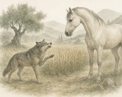 Illustration for Aesop’s fable “The Wolf and the Horse”