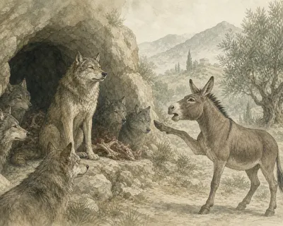 Illustration for Aesop’s fable “The Wolf and the Ass”