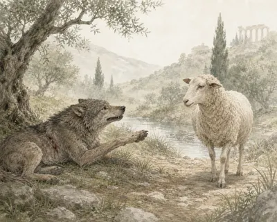 Illustration for Aesop’s fable “The Wounded Wolf and the Ewe”