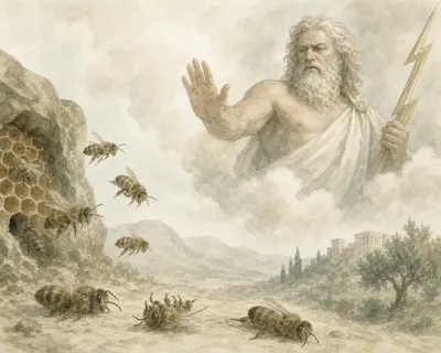 Illustration for Aesop’s fable “The Bees and Zeus”