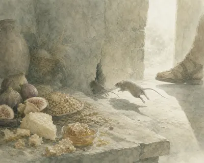 Two mice dash away from a stone table laid with figs, chickpeas and honeycomb as a sandalled foot appears in the doorway