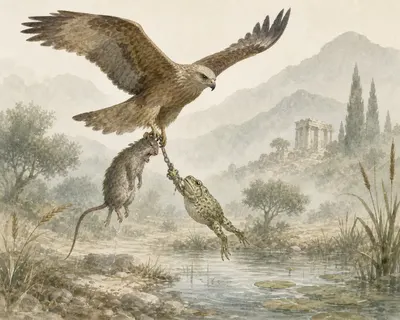 Illustration for Aesop’s fable “The Rat and the Frog”