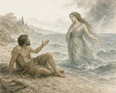 Illustration for Aesop’s fable “The Shipwrecked Man and the Sea”