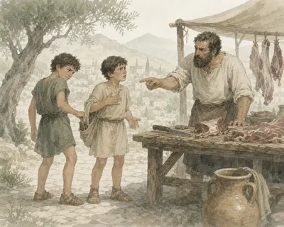 Illustration for Aesop’s fable “The Boys and the Butcher”