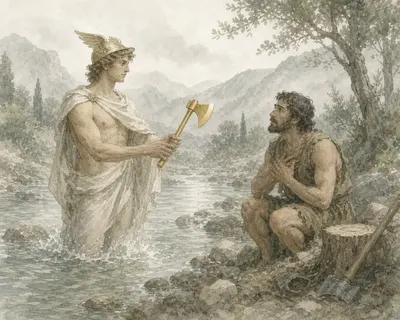 Illustration for Aesop’s fable “The Woodcutter and Hermes”