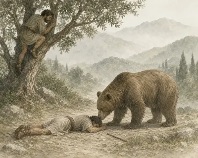 Illustration for Aesop’s fable “The Travellers and the Bear”