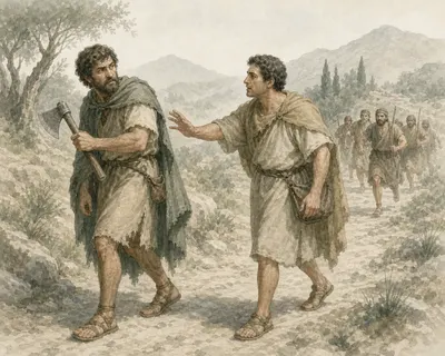 Illustration for Aesop’s fable “The Travellers and the Axe”
