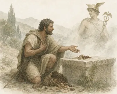Illustration for Aesop’s fable “The Traveller and Hermes”