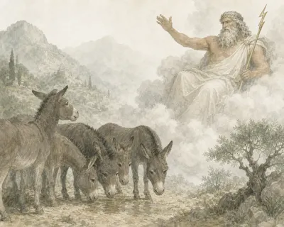 Illustration for Aesop’s fable “The Asses Appealing to Zeus”
