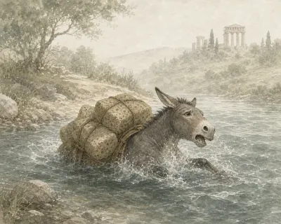 Illustration for Aesop’s fable “The Ass Carrying Salt”