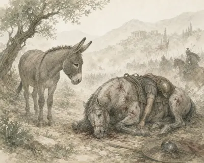 Illustration for Aesop’s fable “The Ass Praising the Horse's Lot”